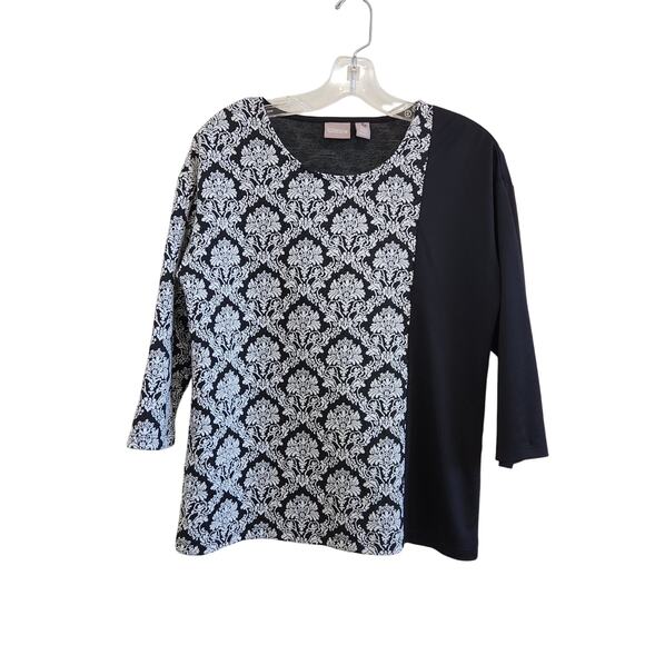 Chico's Olivianna Jacquard 3/4 Sleeve Tunic Blouse Pullover Black Size 0 - Picture 1 of 6